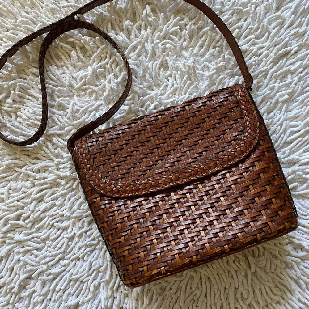 Vintage Basketweave Brown woven leather crossbody purse